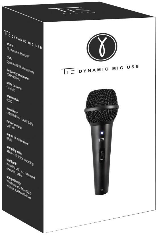 Microphone dynamique USB noir illustré sur l'emballage. Le texte sur le boîtier indique le modèle et les détails techniques comme la plage de fréquences.