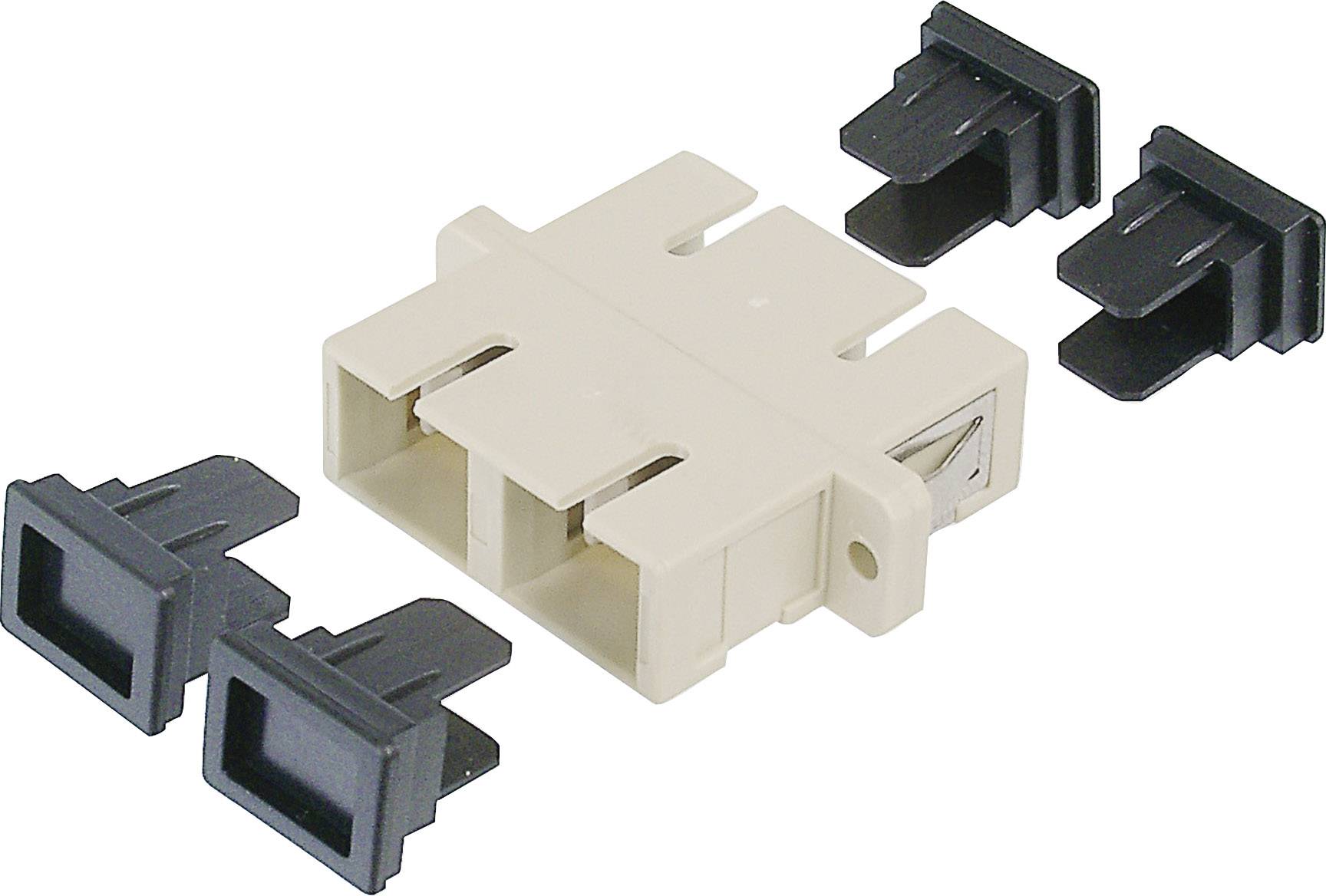Un coupleur à fibre optique beige avec des capuchons de protection noirs. Le coupleur dispose de deux ports de connexion pour une utilisation en réseau.