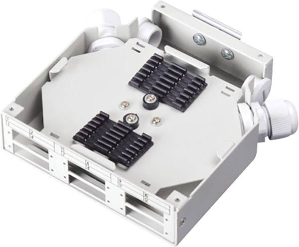 Un boîtier de distribution blanc avec plusieurs emplacements et des connexions noires, deux presse-étoupes sont visibles.