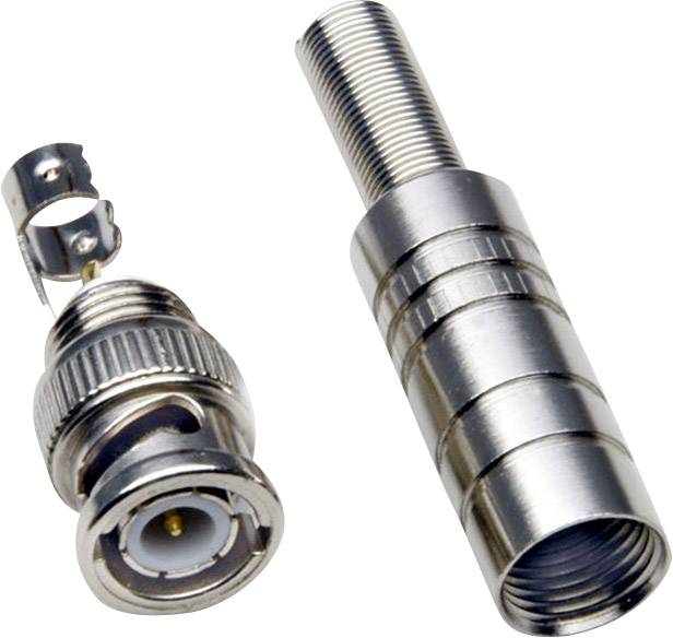 Deux composants métalliques : à gauche une fiche coaxiale, à droite un adaptateur cylindrique. Les deux en métal brillant.