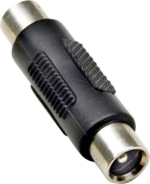 Adaptateur coaxial noir avec connecteurs métalliques aux deux extrémités, utilisé pour raccorder des câbles coaxiaux dans les systèmes audio et vidéo.