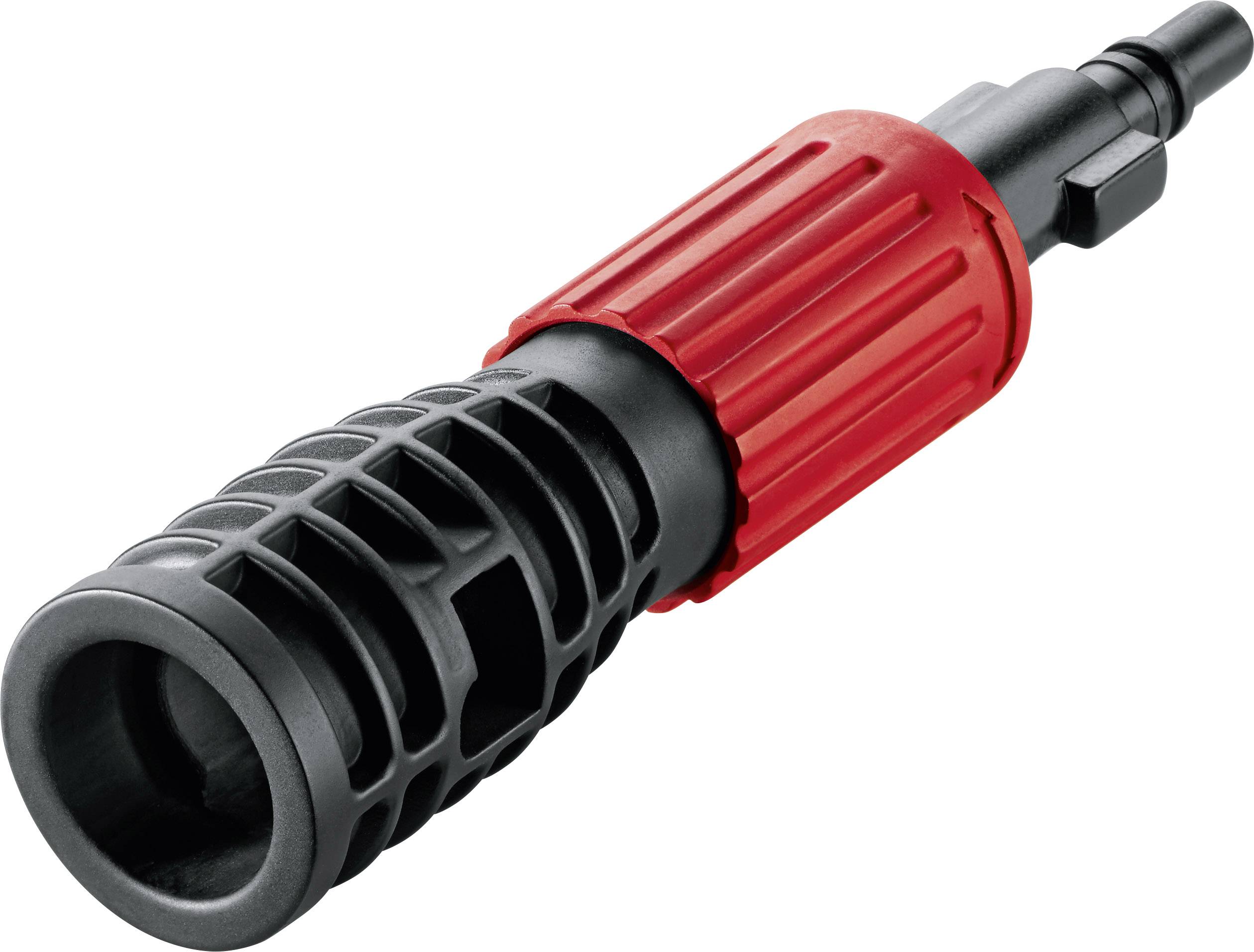 Un adaptateur de nettoyeur haute pression rouge et noir avec poignée striée et buse de raccordement.