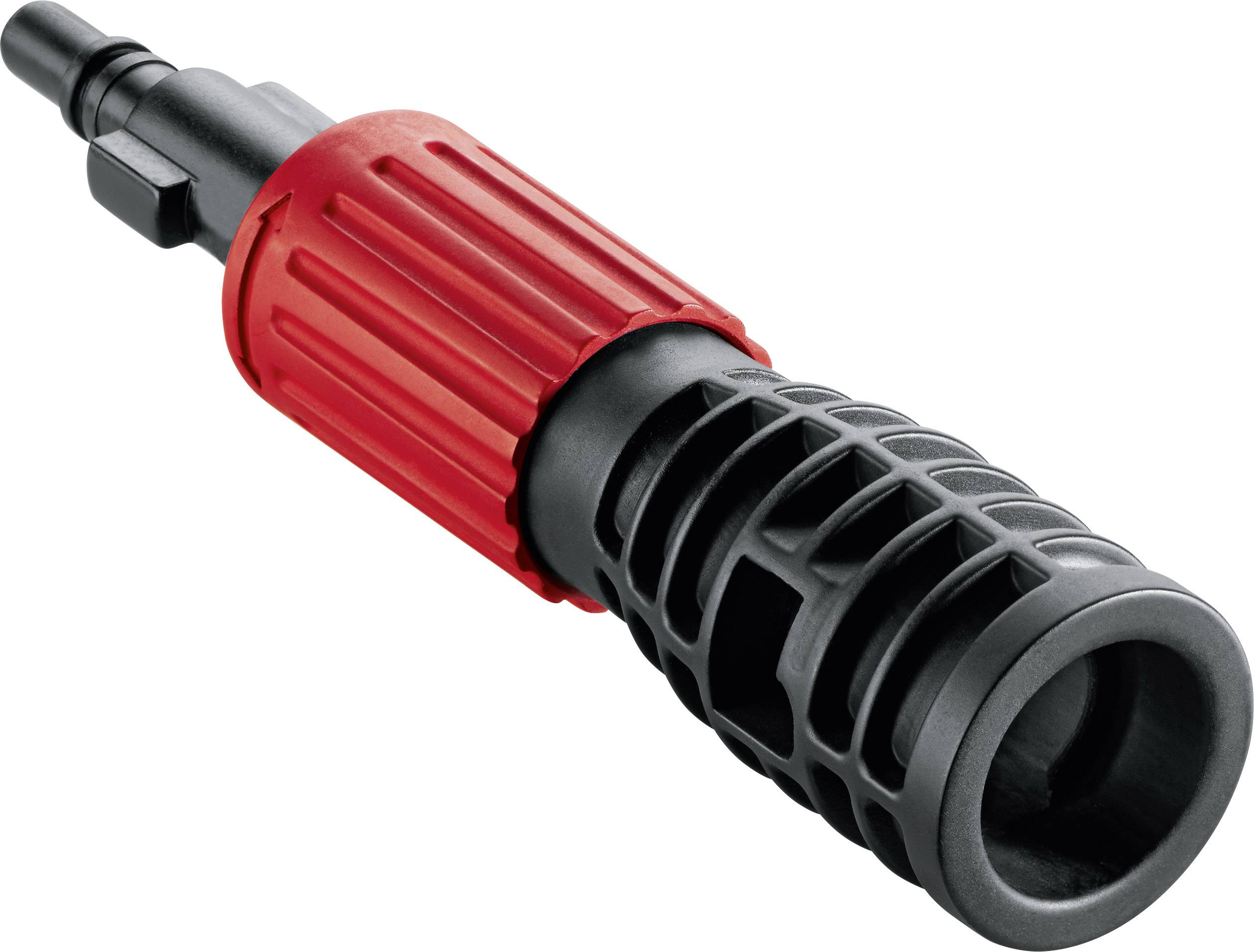 Un adaptateur en plastique avec une poignée rouge et un raccord de tuyau noir, probablement adapté pour les nettoyeurs haute pression ou les systèmes de tuyauterie.