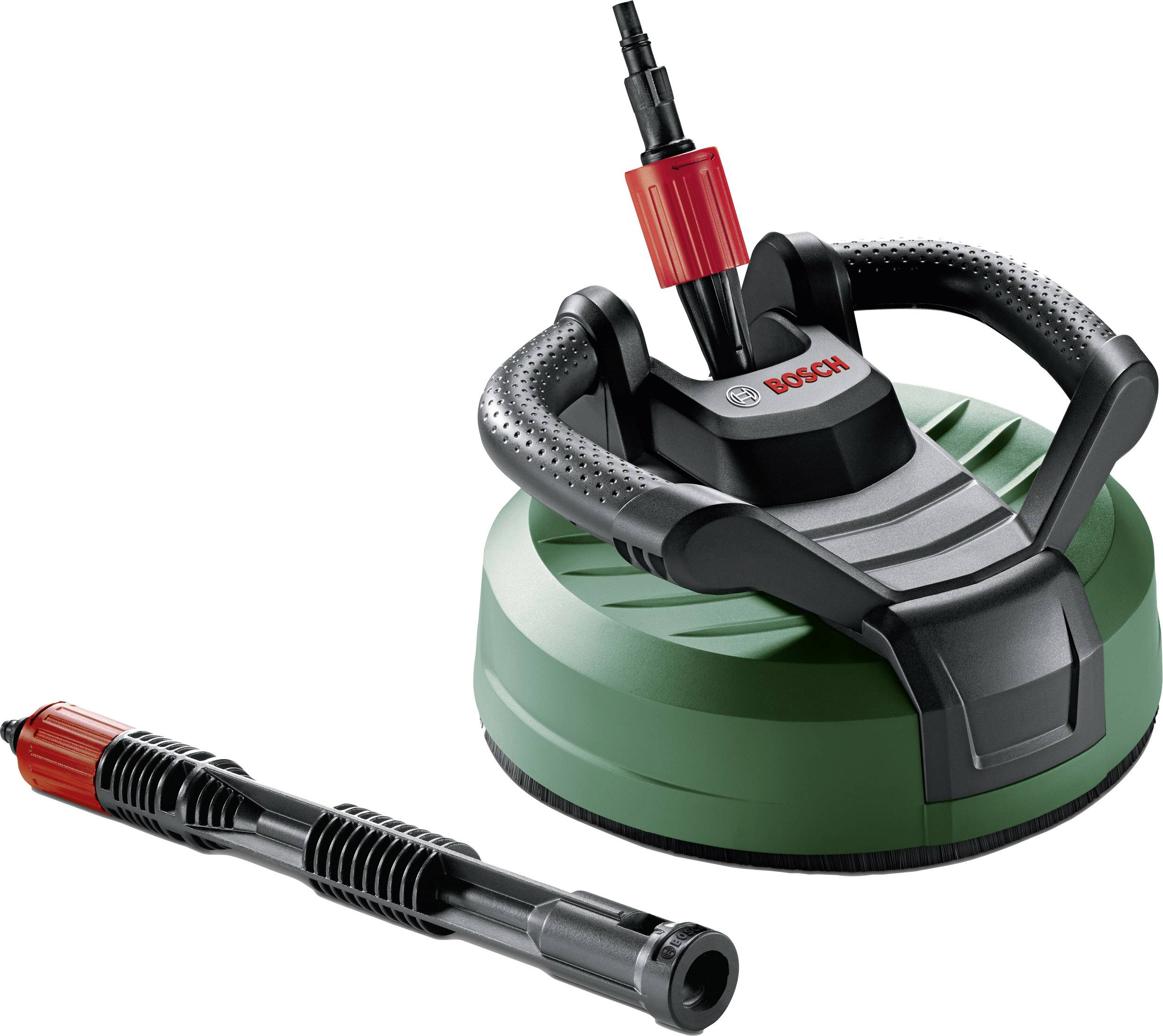Un embout de nettoyeur haute pression vert avec poignée et logo rouge Bosch, à côté duquel se trouve un rallonge adaptée.