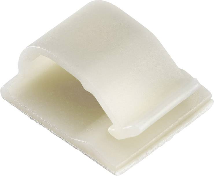 Attache-câble en plastique, beige, de forme rectangulaire, adaptée pour la fixation de câbles sur des surfaces planes.