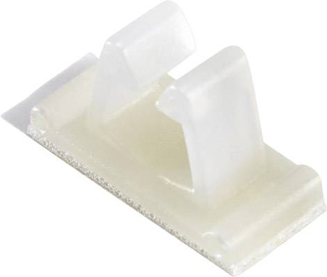 Un clip de câble transparent en plastique avec deux arceaux pour fixer les câbles. Idéal pour organiser les câbles sur des surfaces lisses.