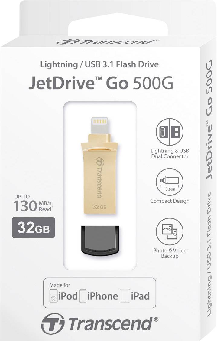Transcend JetDrive™ Go 500 USB-Zusatzspeicher Smartphone/Tablet Gold 32 GB USB 3.1, Lightning