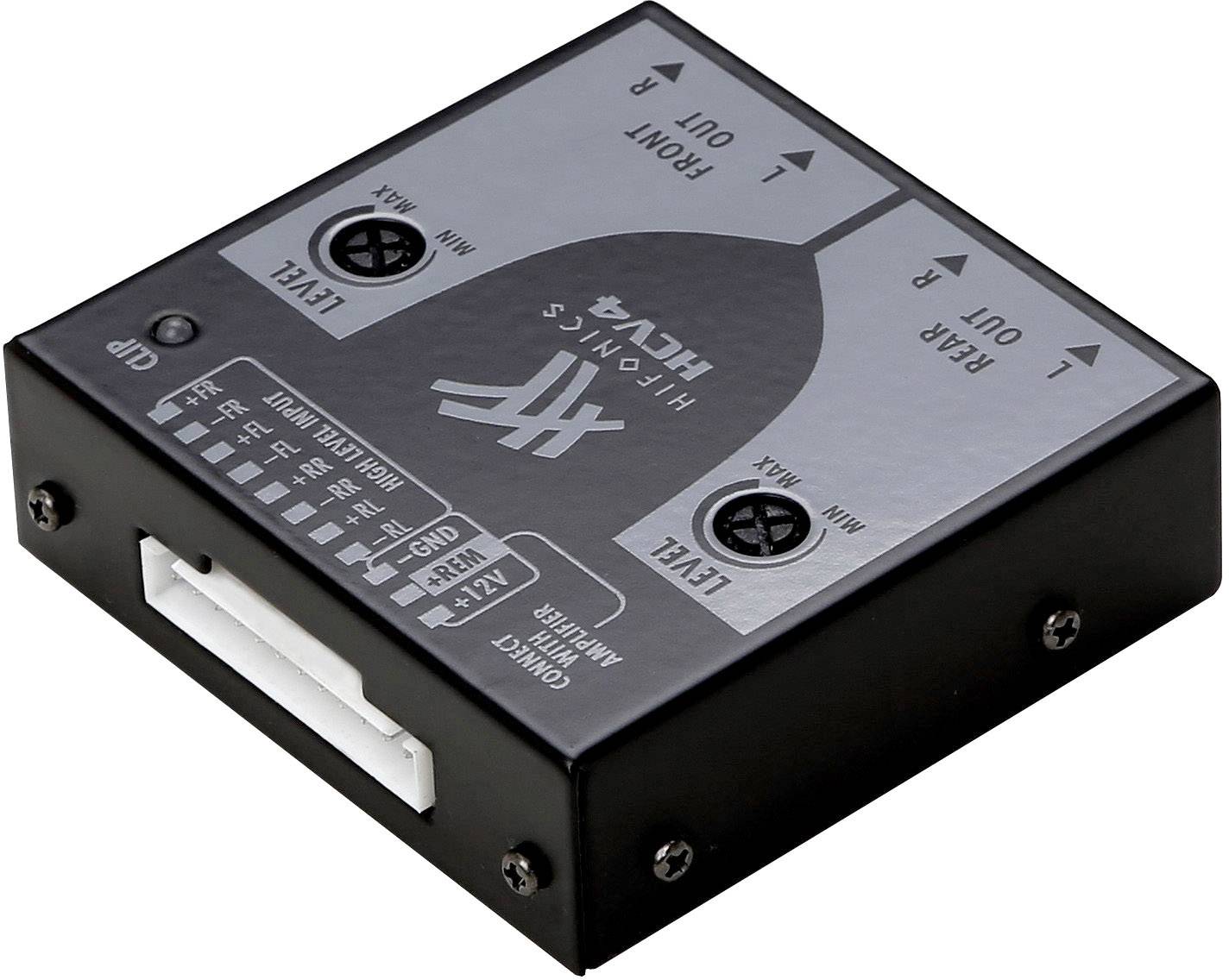 Un dispositif électronique noir avec des ports et des commutateurs pour les réglages audio, étiqueté avec 'Sortie Avant', 'Sortie Arrière' et 'Niveau'.