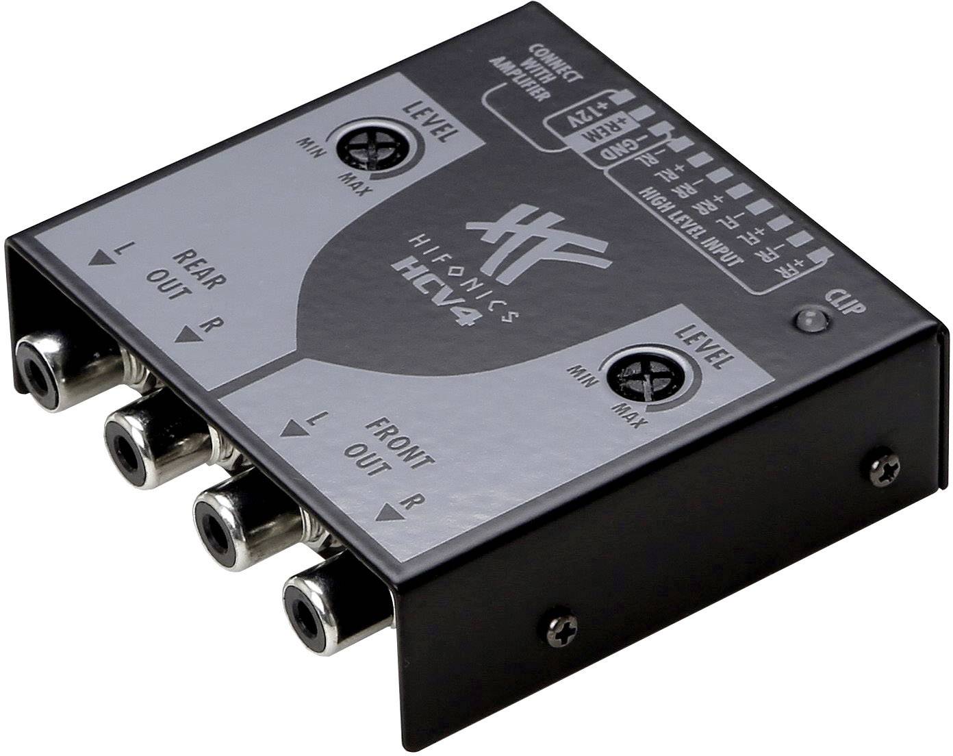 Amplificateur audio avec plusieurs entrées et commandes de réglage du son ; les étiquettes indiquent 