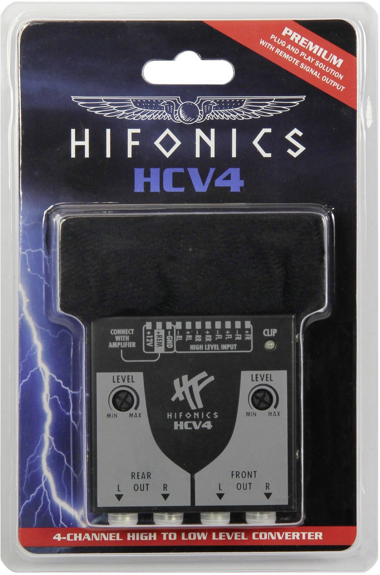 Emballage d'un convertisseur de niveau Haute à Basse tension 4 canaux de la marque Hifonics HCV4, adapté pour la connexion d'amplificateurs.