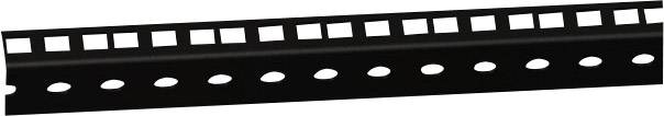 Une étagère en métal noir perforé avec des trous carrés et ronds. Adaptée à la fixation dans des systèmes d'étagères ou des supports.
