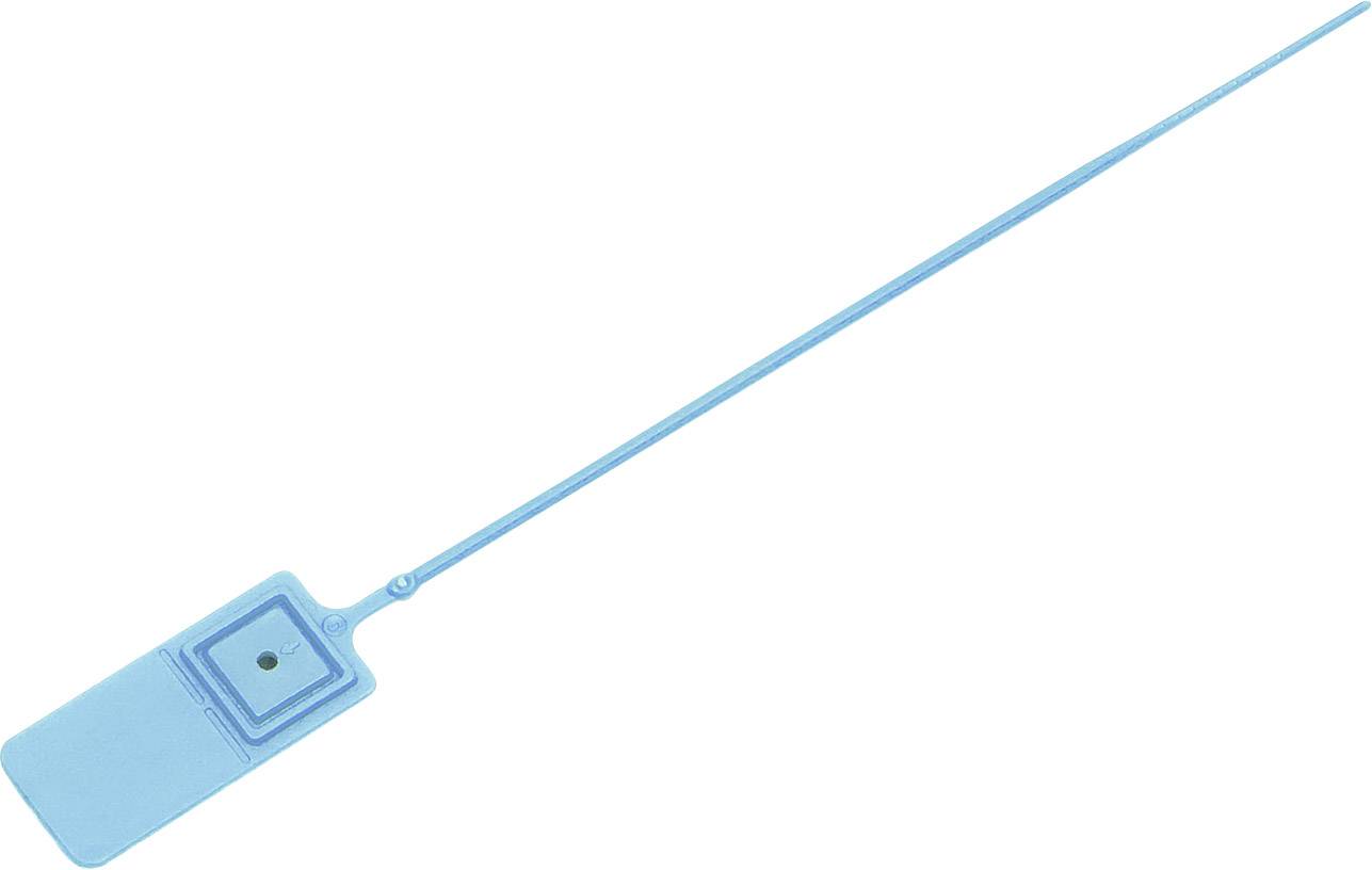 Un serre-câble en plastique bleu avec une longue bande étroite et un fermoir rectangulaire à l'extrémité.