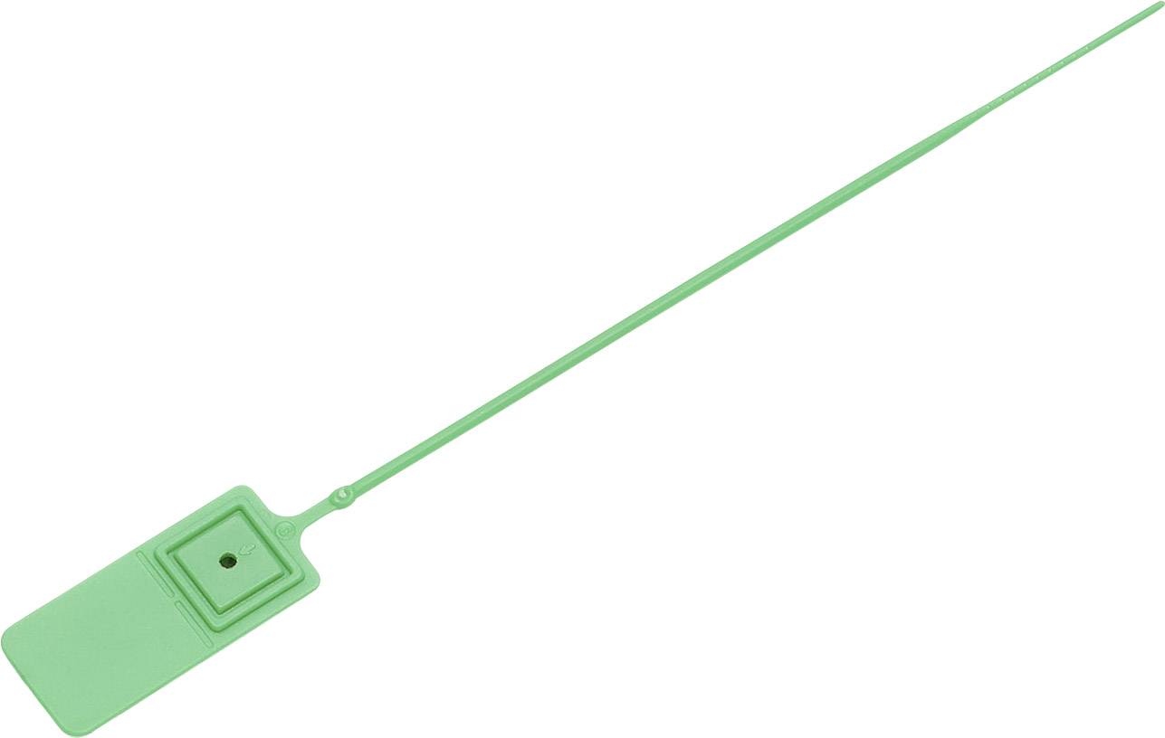 Une longue bande en plastique verte avec une extrémité rectangulaire, probablement un plombage ou un accessoire de fermeture.