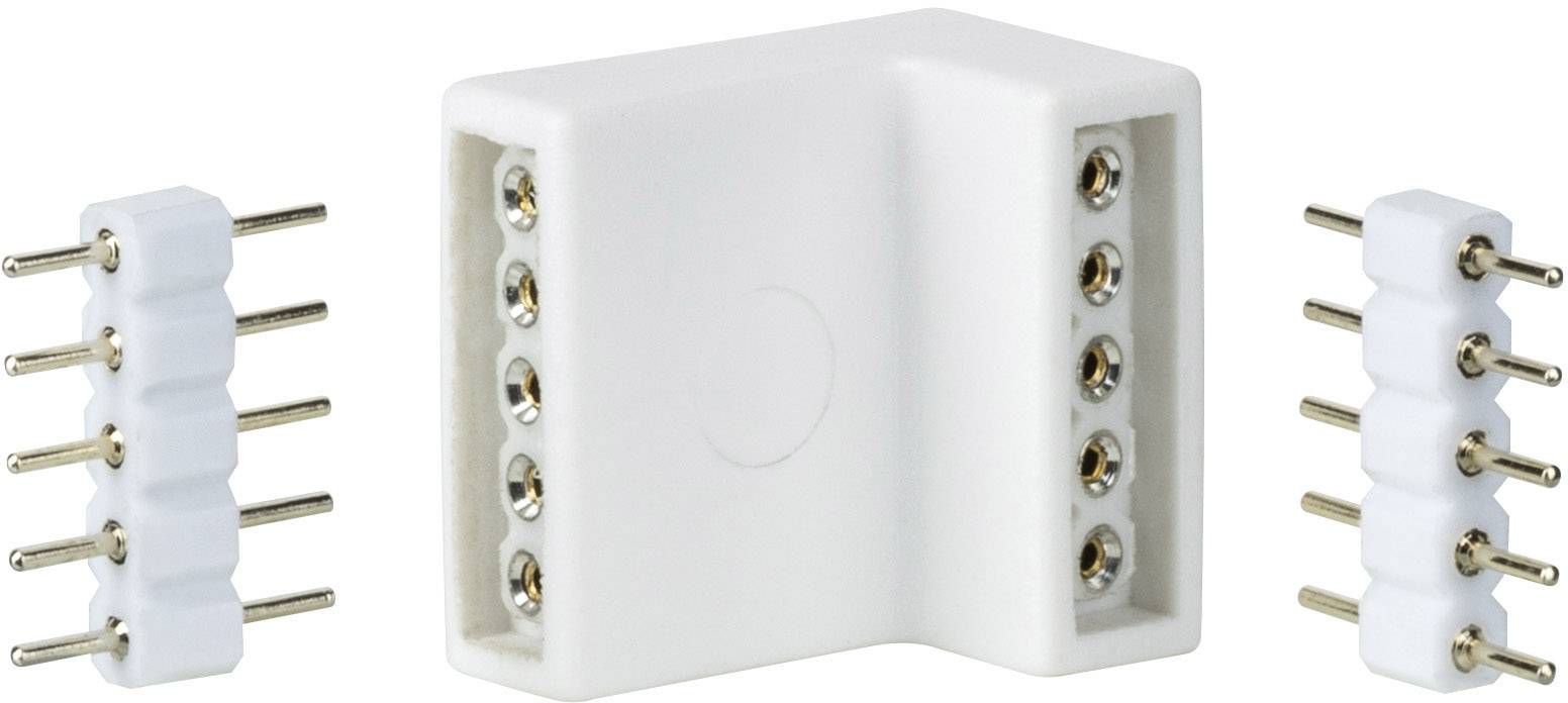 Un adaptateur blanc rectangulaire avec des broches de connexion latérales, est flanqué de deux petits connecteurs blancs.