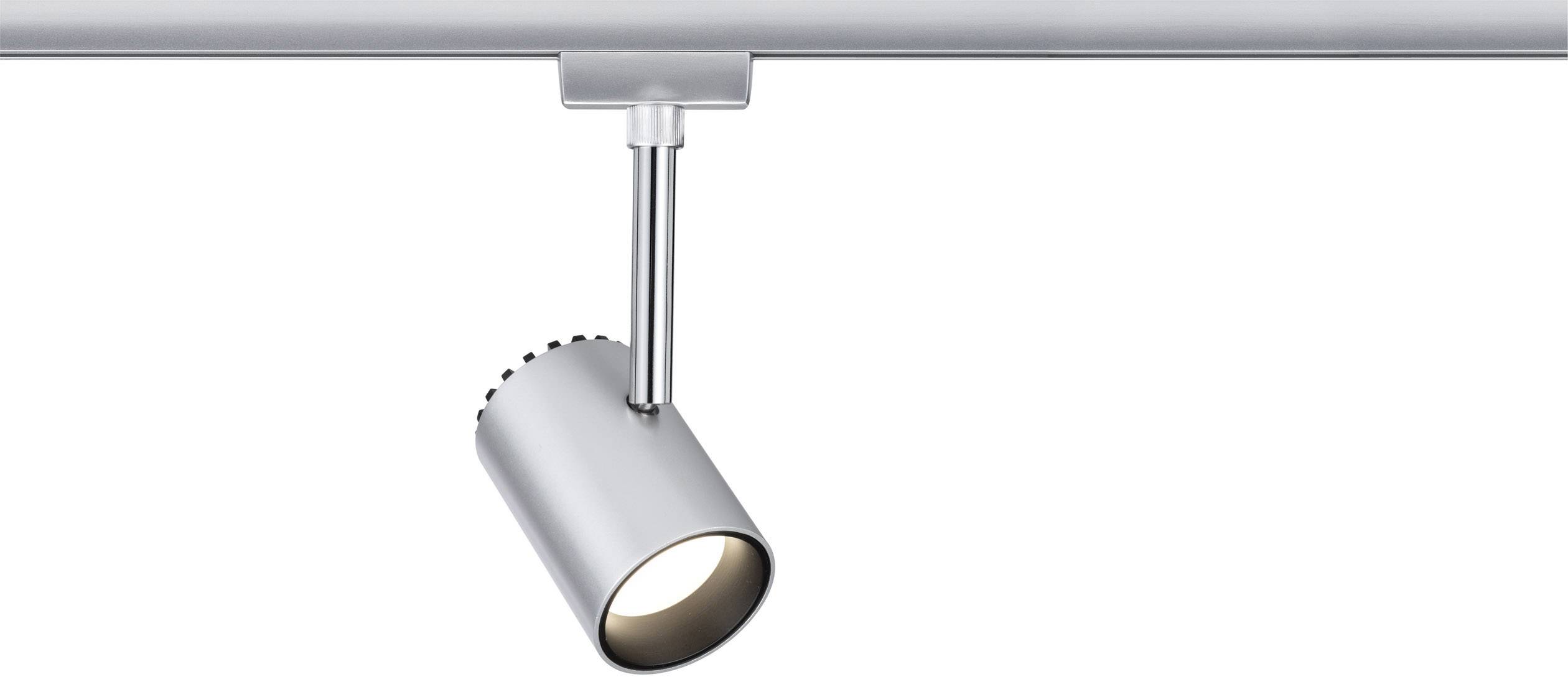 Luminaire sur rail en argent avec projecteur cylindrique, monté sur rail. Idéal pour un éclairage directionnel dans les espaces intérieurs.