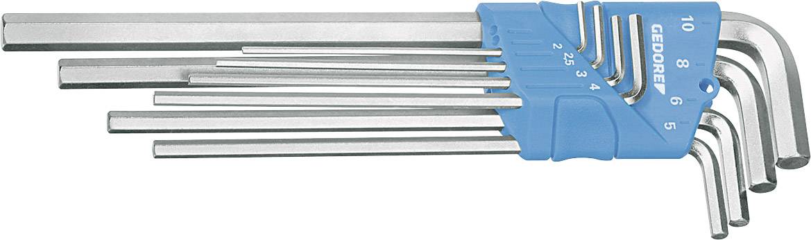 Un ensemble de neuf clés Allen dans un support bleu, triées par taille de 2 à 10 millimètres, est posé sur une surface blanche.