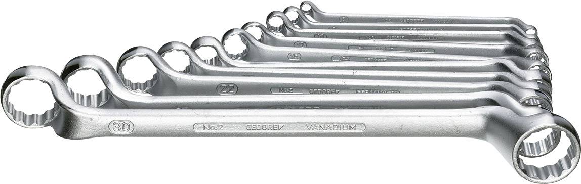 Jeu de huit clés polygonales ouvertes de tailles décroissantes, de 6 à 19 mm, en acier chrome-vanadium, disposées côte à côte.