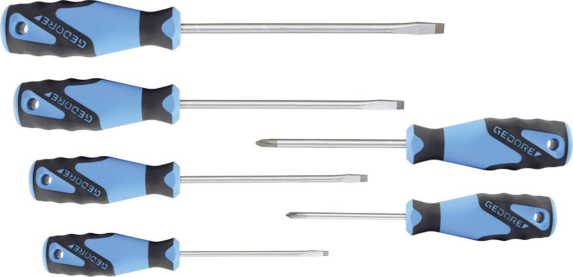 Cinq tournevis bleus avec des poignées noires, trois avec une lame plate et deux avec une lame cruciforme, disposés verticalement.