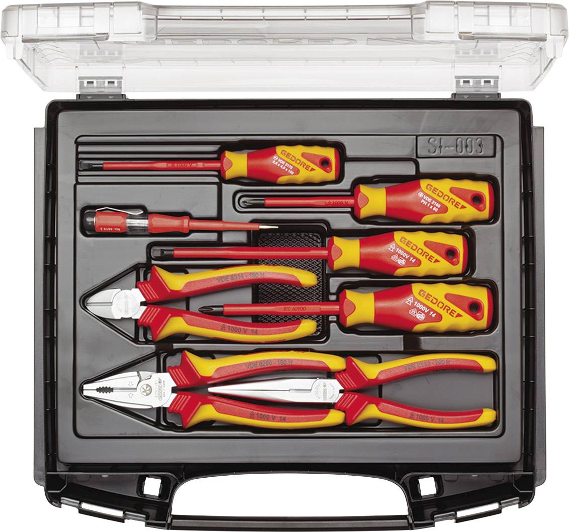 Une boîte à outils contenant neuf outils isolés, comprenant des tournevis, des pinces et un testeur de tension, pour les travaux électriques.