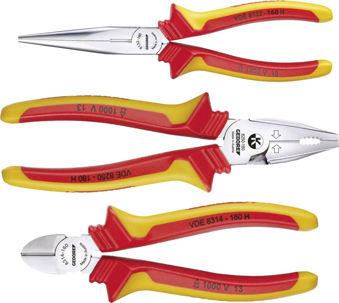 Trois pinces avec des poignées rouges et jaunes. En haut : Pince plate, Au milieu : Pince coupante latérale, En bas : Pince multifonction. Toutes avec protection VDE.