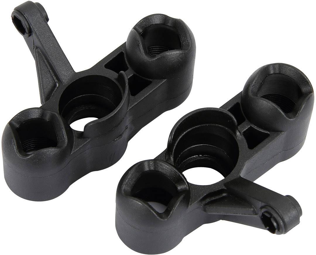 Deux pièces en plastique noir avec des cavités circulaires et des bras de connexion. Elles semblent être des composants d'un dispositif technique ou d'un modèle.
