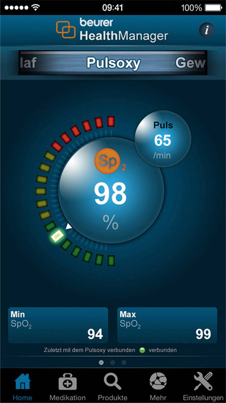 Écran de l'application 'Beurer HealthManager' affichant une saturation en oxygène SpO2 à 98% et un pouls de 65/min. Connexion à l'oxymètre de pouls active.