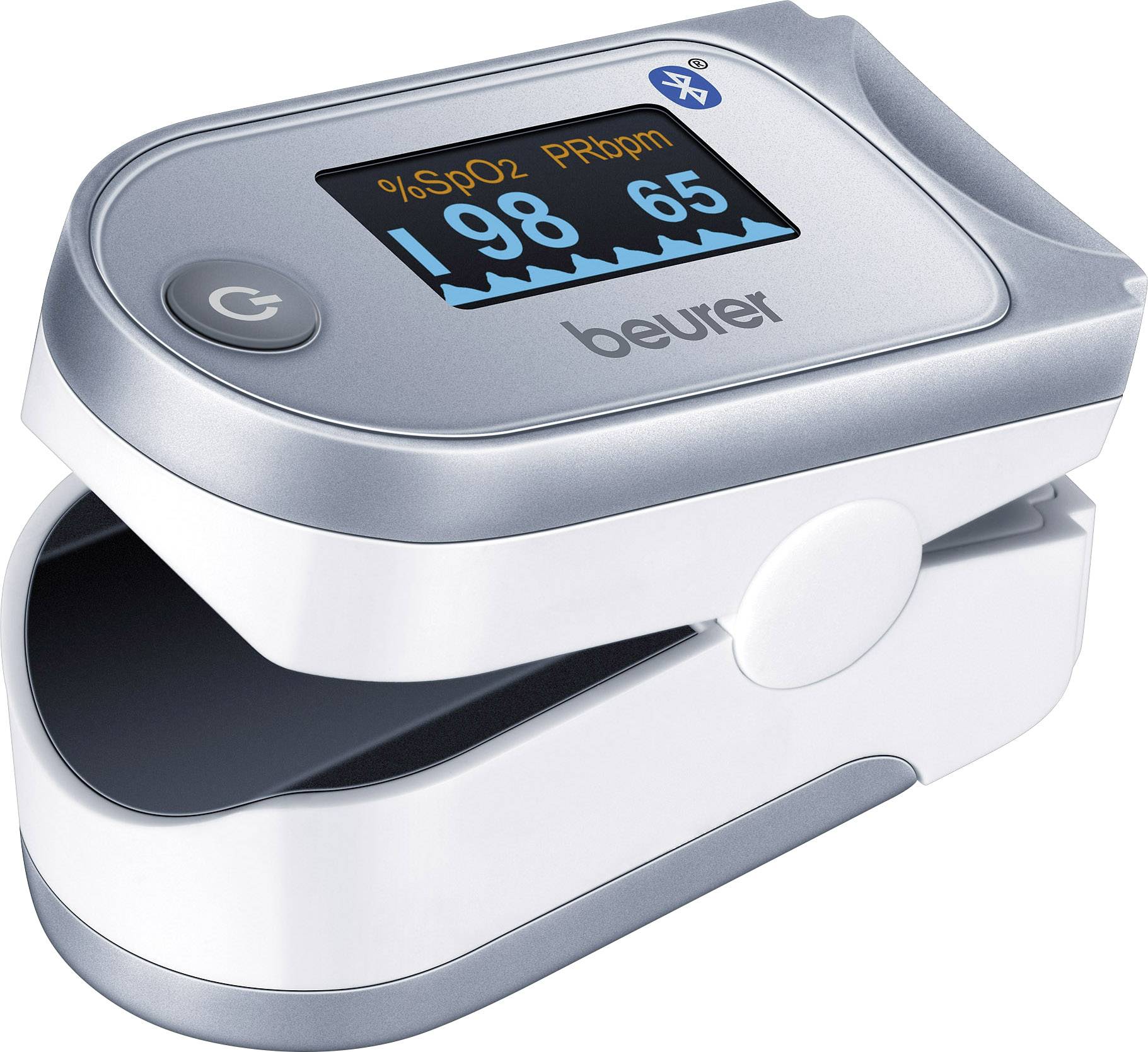 Un oxymètre de pouls portable affiche les valeurs '98 % SpO2' et '65 PR bpm' sur un écran numérique, avec option Bluetooth.