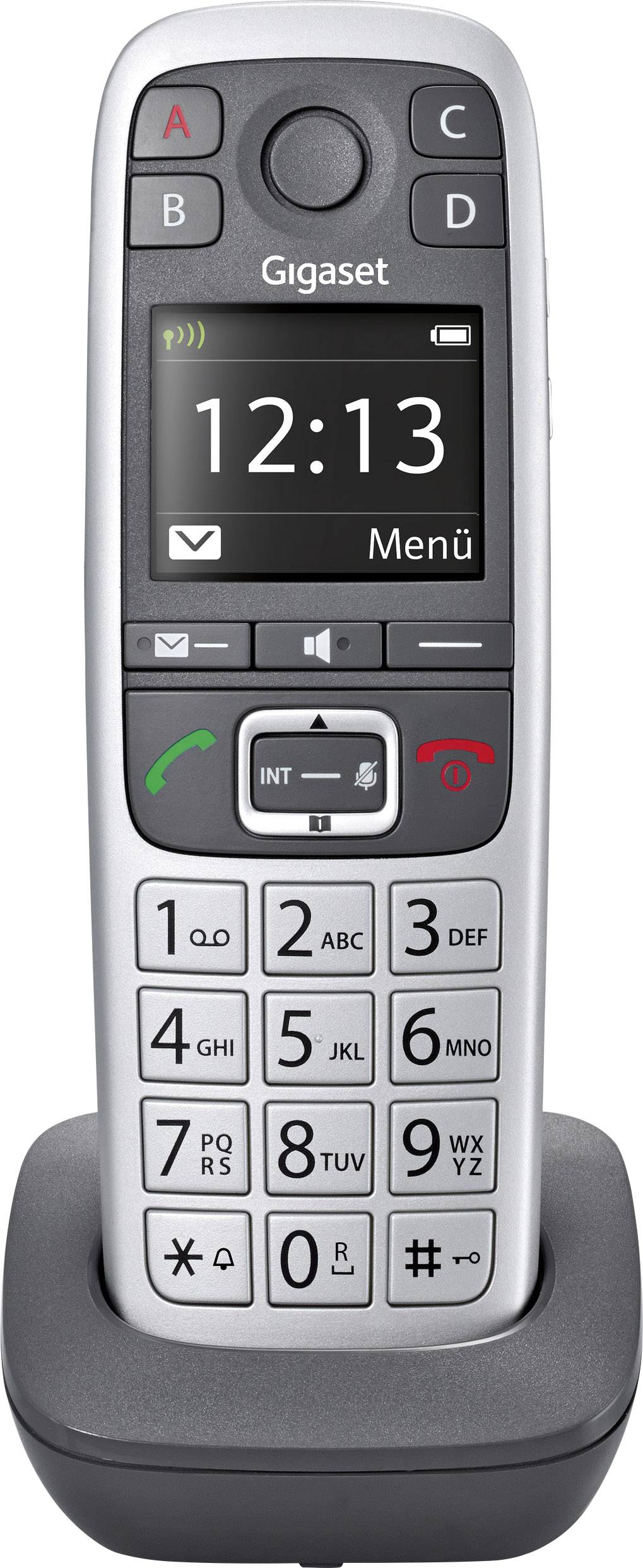 Téléphone sans fil avec grand écran, affichant l'heure '12:13', structure de menu et touches avec chiffres et symboles. L'appareil est placé sur sa station de charge.