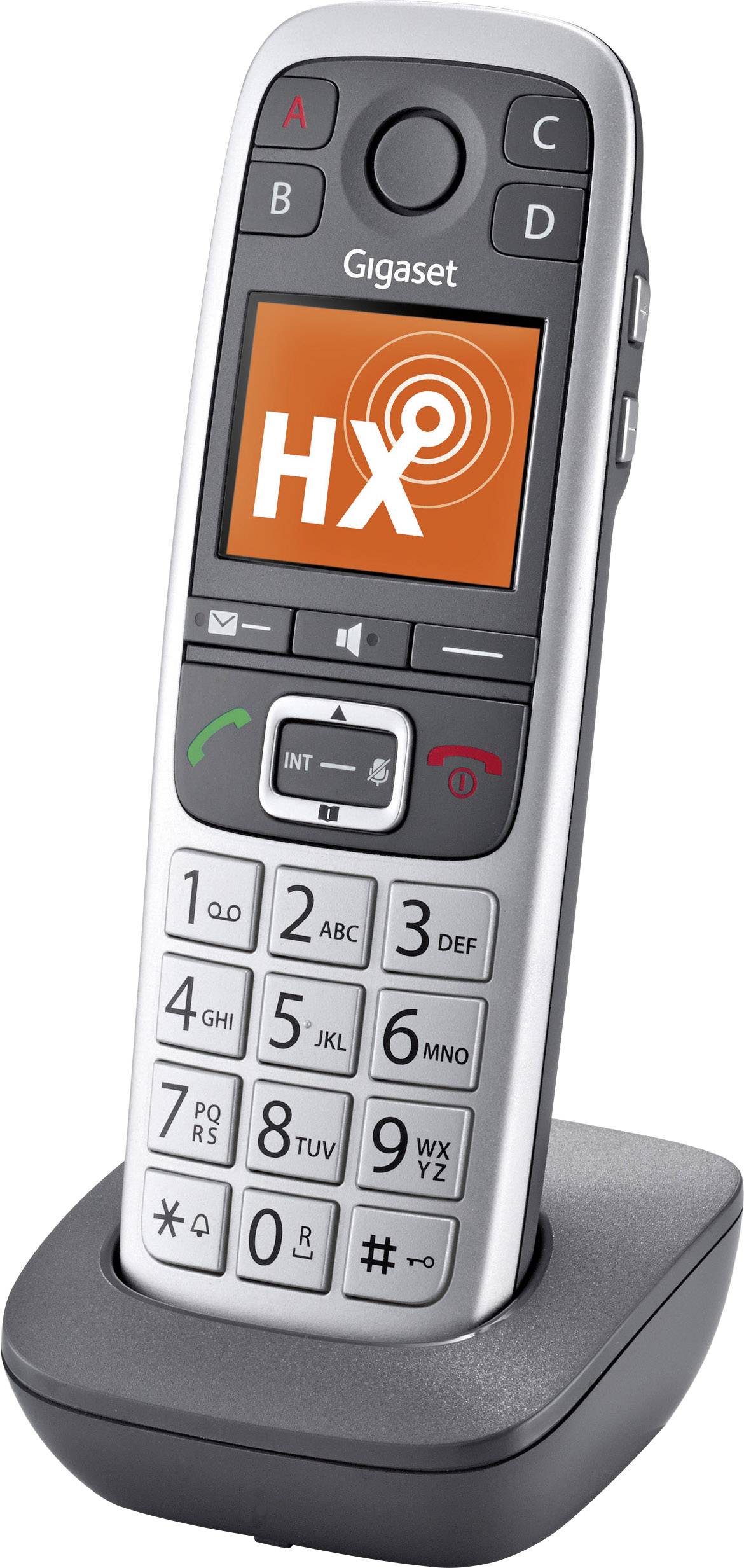 Téléphone Gigaset sans fil avec écran couleur et station de base, affichant le logo HX.