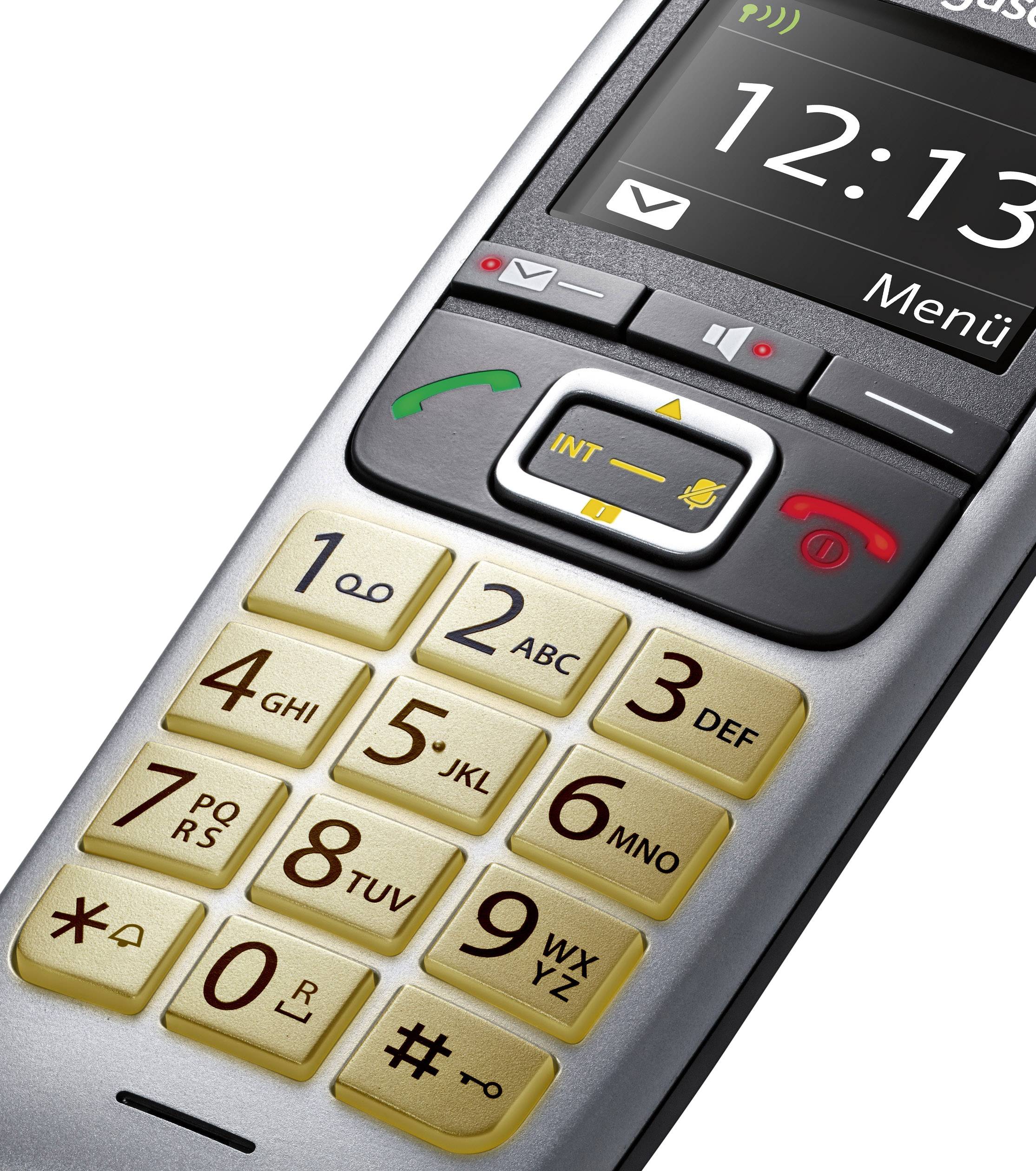 Un téléphone mobile simple avec de grandes touches et un écran clair qui affiche l'heure et le menu. Idéal pour les seniors.
