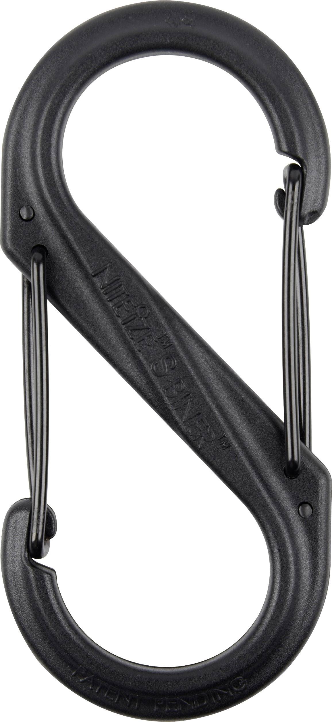 Un mousqueton noir en forme de S avec deux ouvertures opposées. Conçu pour fixer des objets.
