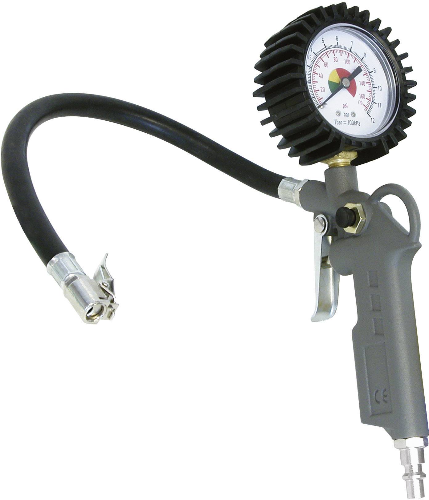 Appareil de gonflage numérique pour pneus avec manomètre, tuyau noir et pince métallique, adapté pour mesurer et gonfler les pneus de voiture.