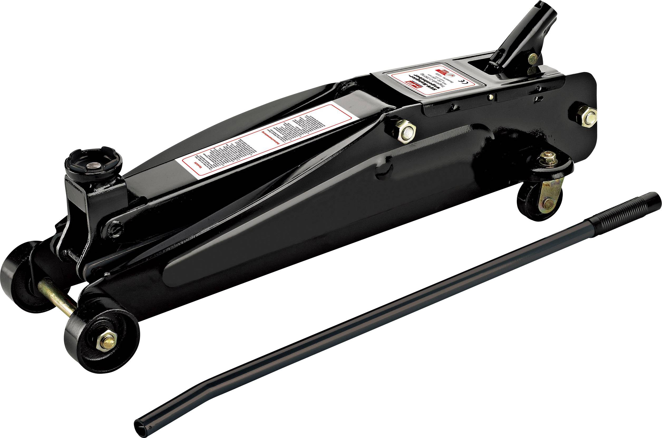 Un cric hydraulique noir avec levier, monté sur petites roues, adapté pour soulever des véhicules lors de réparations ou d'entretien.
