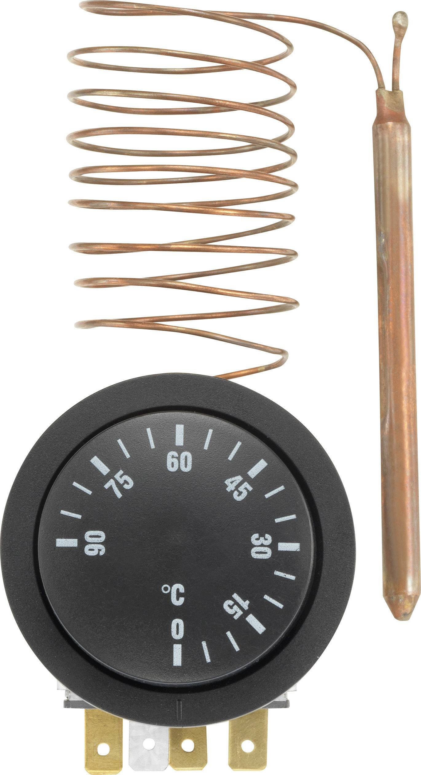 Un régulateur thermostatique rond avec une échelle de température de 0 à 90 degrés Celsius, relié à un long fil de cuivre tordu.