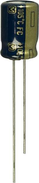 Un condensateur électrolytique bleu et doré avec deux longues bornes métalliques. Inscription : '105 °C FC'.