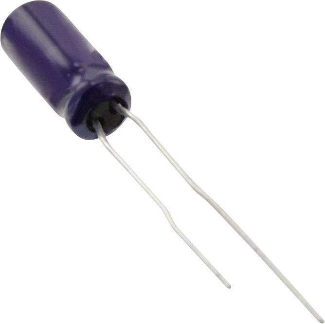 Un condensateur électrolytique bleu avec deux longues bornes métalliques, positionné horizontalement, pour circuits électroniques.