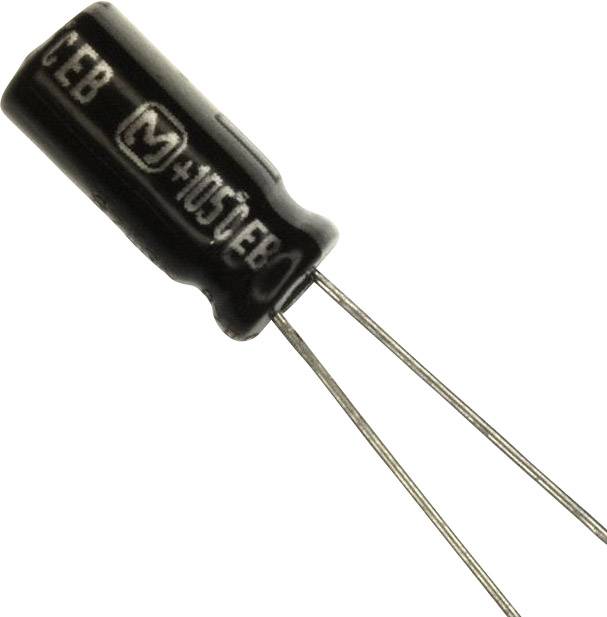 Condensateur électrolytique noir avec deux longues connexions par fils, marqué '105°C'.