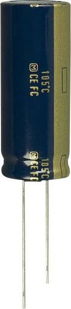 Condensateur électrolytique en aluminium noir avec deux bornes métalliques. L'inscription indique une température maximale de 105°C et la capacité. Adapté pour les circuits électroniques.