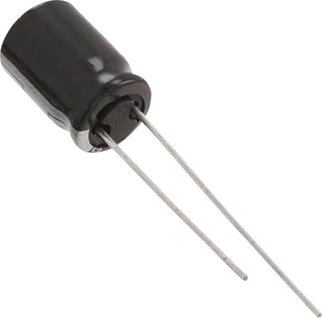 Schwarz-gekleideter, zylindrischer Elektrolytkondensator mit zwei Drähten, die aus der Unterseite herausragen.