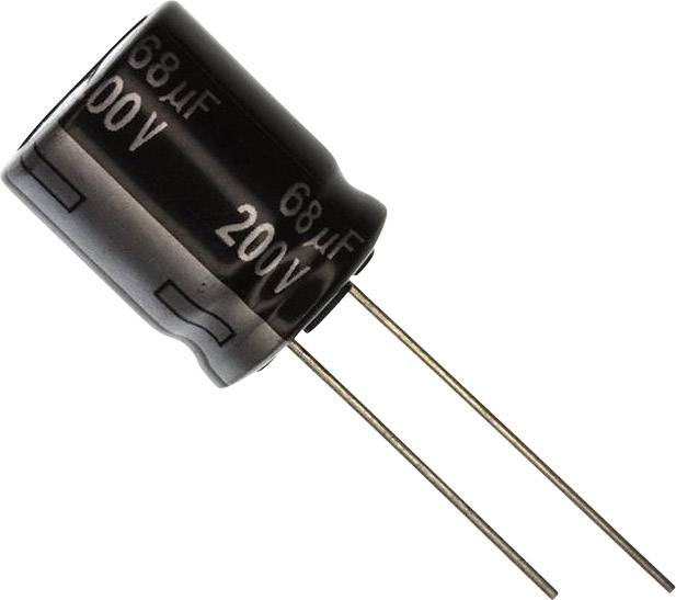 Ein schwarzer Elektrolytkondensator mit Aufschrift '68 µF 200V' und zwei langen Anschlussdrähten.
