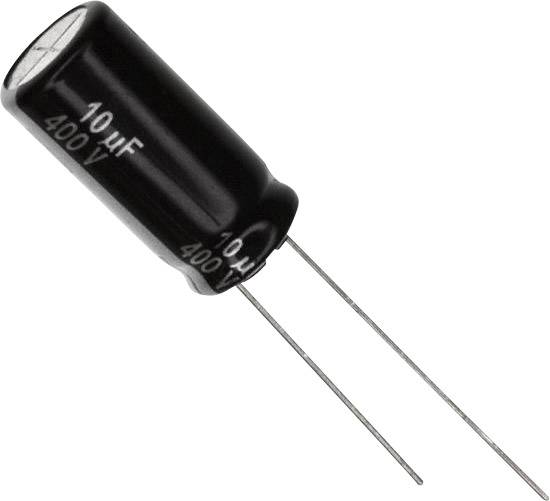 Ein schwarzer zylindrischer Kondensator mit den Aufschriften '10 µF' und '400 V', ausgestattet mit zwei langen Metallanschlüssen.