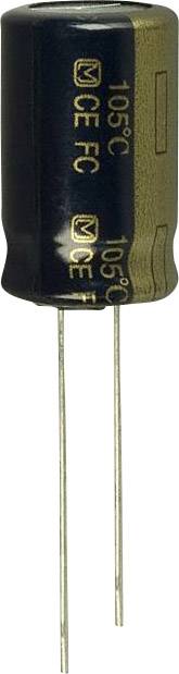 Un condensateur électrolytique cylindrique avec deux pattes métalliques. Les marquages sur le côté indiquent les spécifications et la limite de température de 105°C.