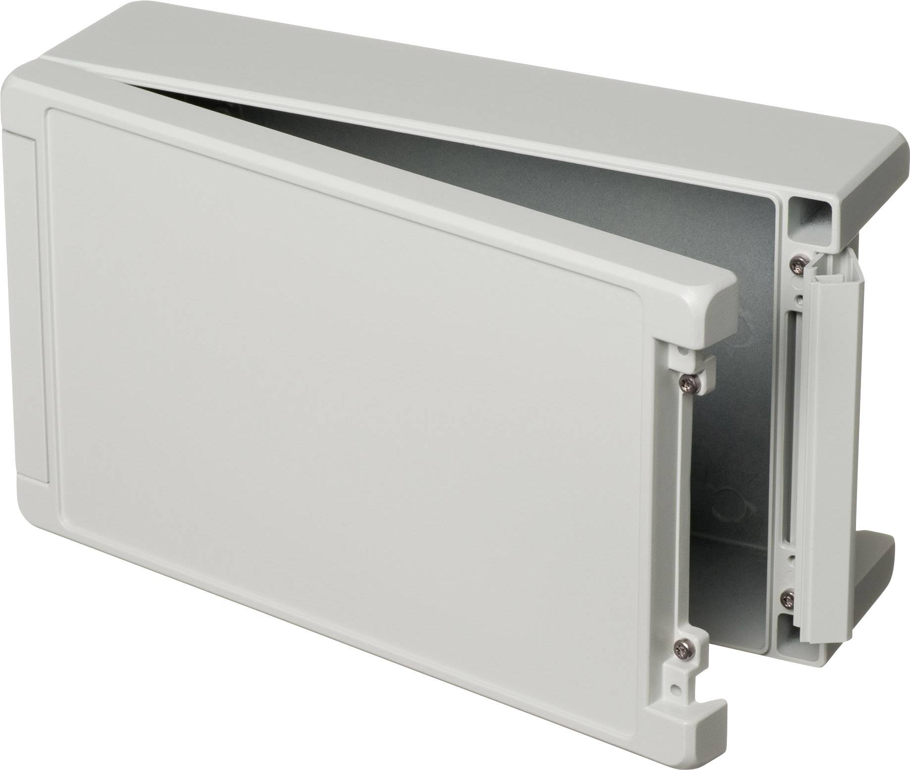 Boîtier rectangulaire gris, partiellement ouvert, révélant des compartiments intérieurs et des points de fixation. Utilisé pour le stockage électronique sécurisé.