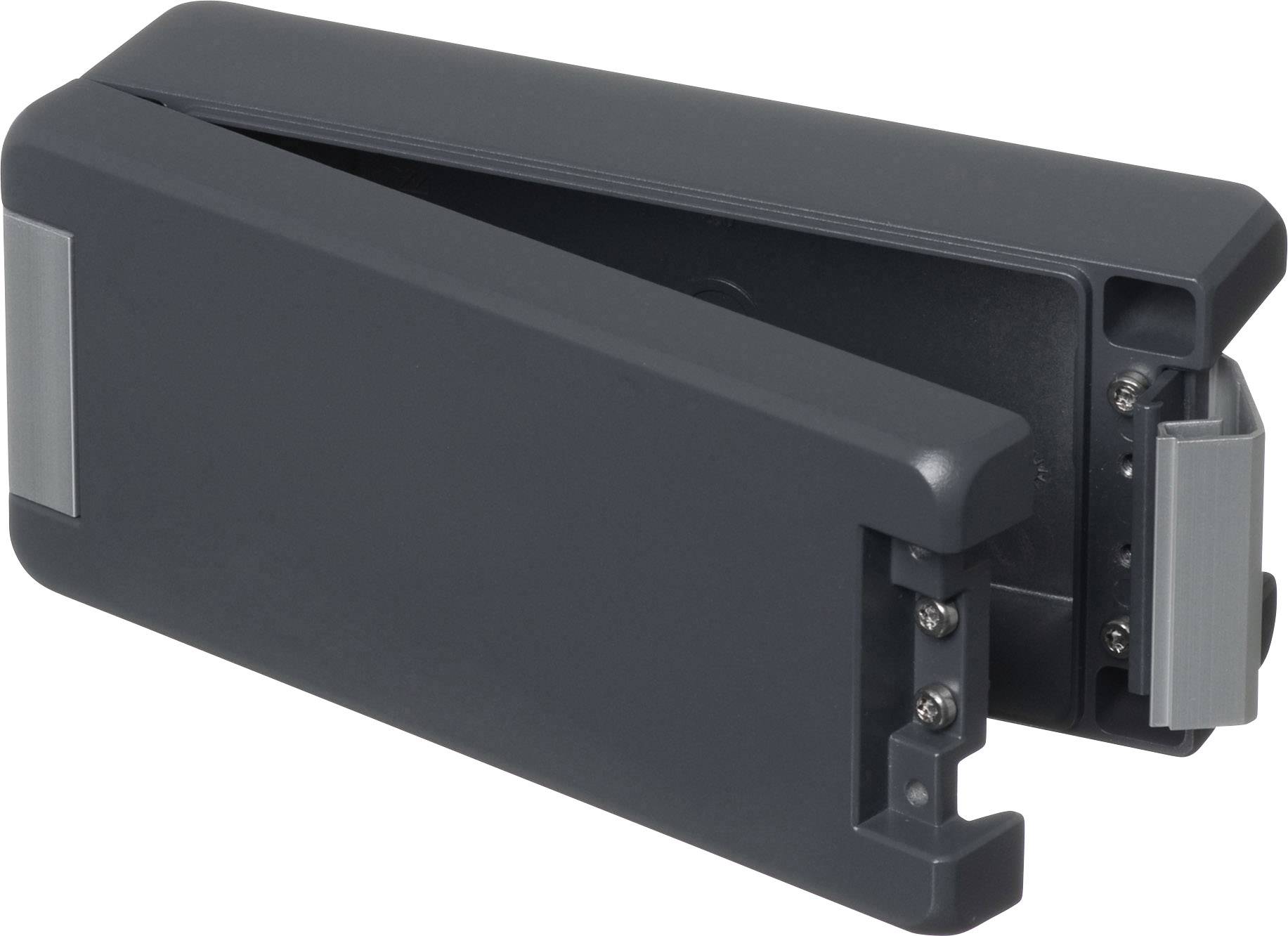 Dispositif noir rectangulaire, probablement un casier ou un boîtier, partiellement ouvert avec charnière et fermeture visibles.