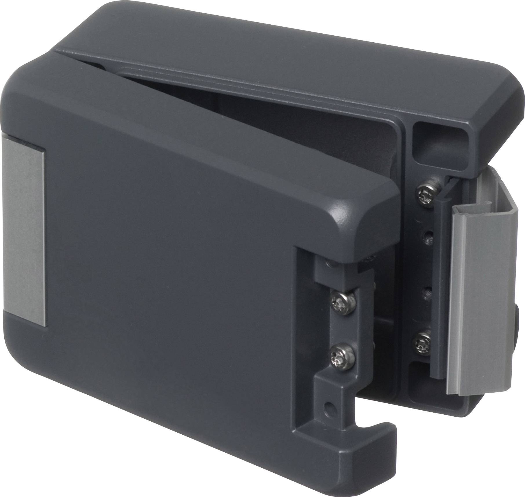 Un loquet de porte rectangulaire gris en plastique, montrant le mécanisme à ressort et les trous de fixation.