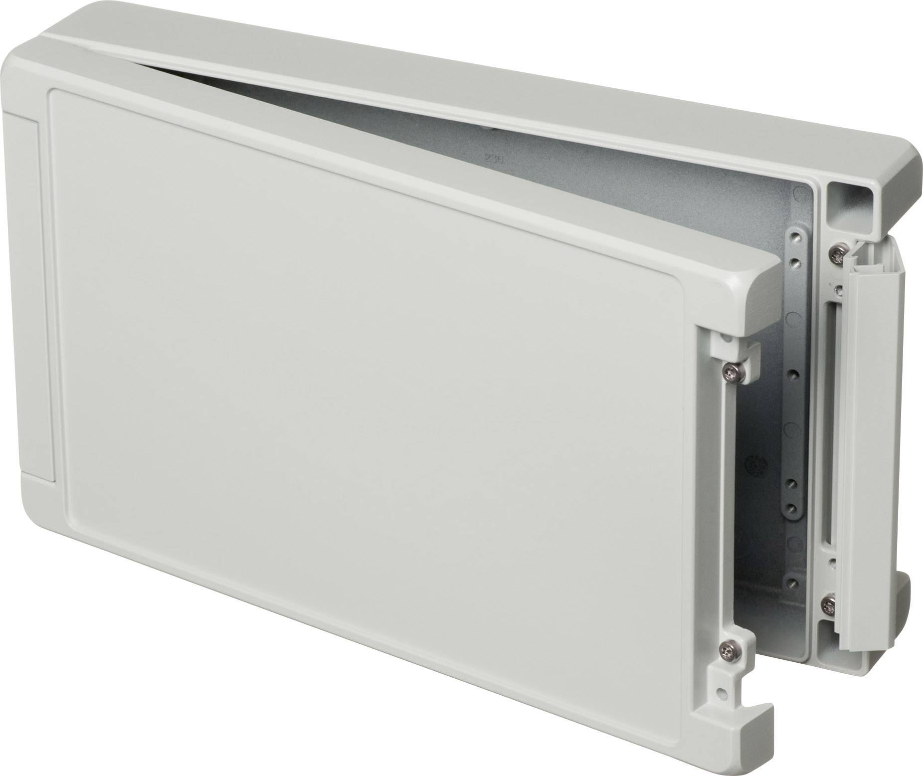 Un boîtier électrique rectangulaire gris en plastique avec un couvercle ouvert permettant l'accès aux connexions ou aux composants.