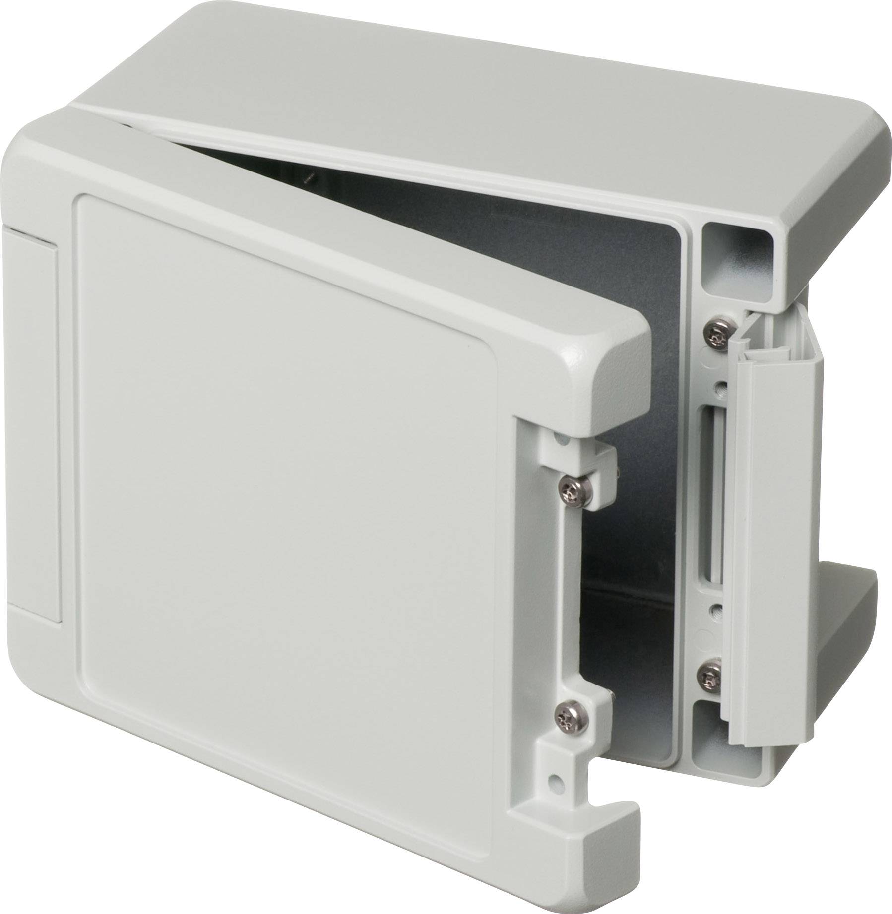 Boîtier rectangulaire gris en plastique avec couvercle rabattable, adapté pour contenir des composants électroniques ou des circuits.