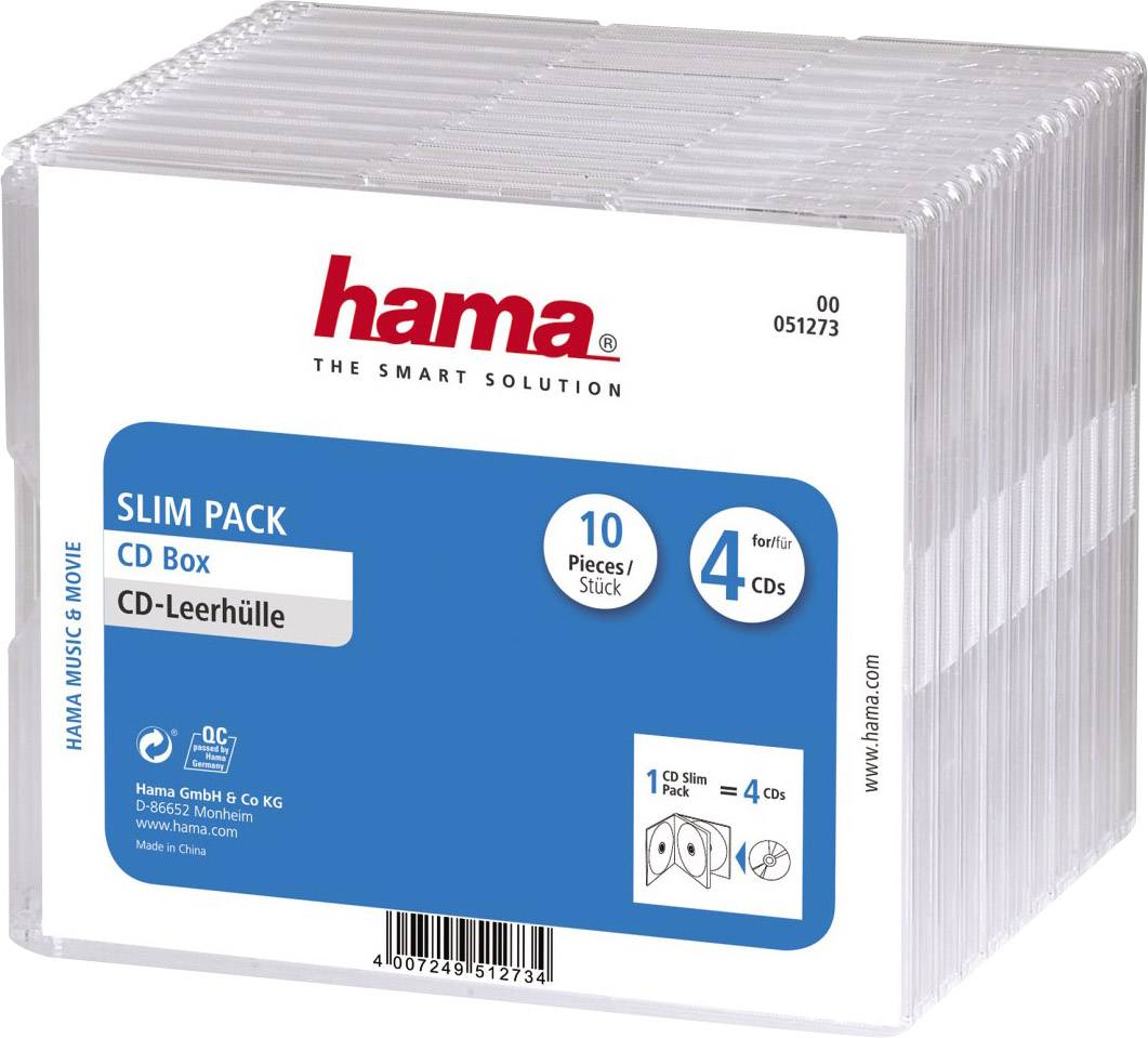 Boîtier CD vide de 'Hama', format Slim pour 4 CD. Lot de dix boîtiers par paquet. Design transparent avec informations du produit sur l'étiquette.
