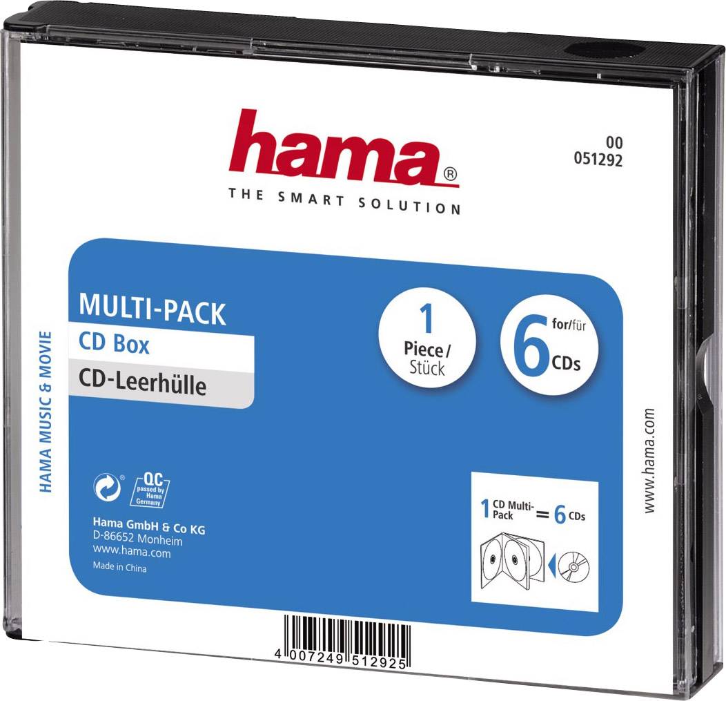 Boîtier multi-pack pour CD de Hama, capacité 6 CD, contient 1 pièce. Emballage avec étiquette bleue et informations produit.
