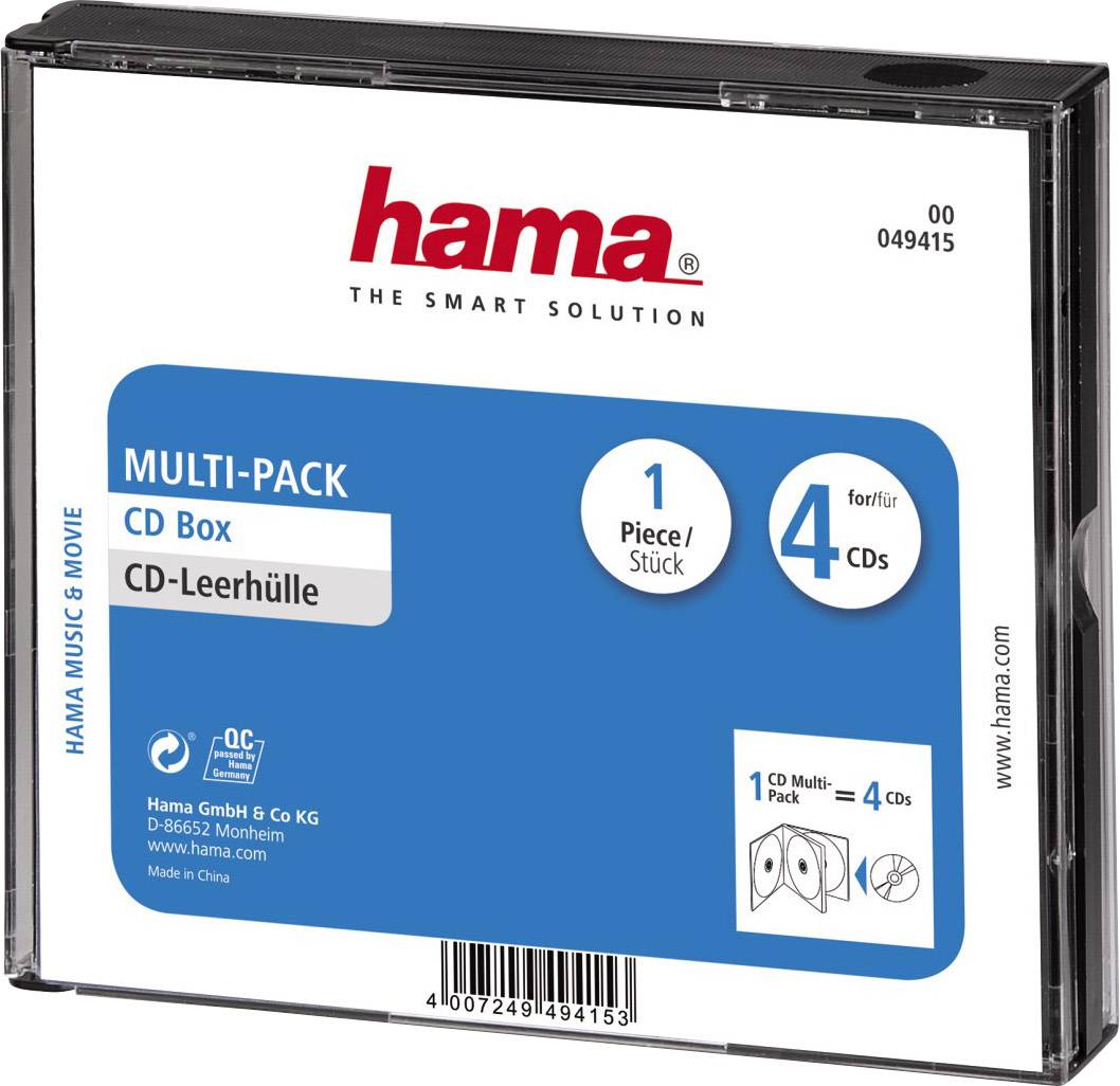 Boîtier CD vide de Hama avec espace pour 4 CD. L'emballage présente les informations du produit et les coordonnées du fabricant Hama GmbH.